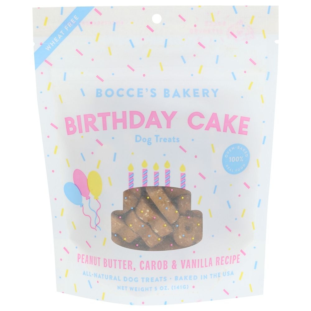 Bocces Bakery Peanut Butter Carob Vanilla Recipe Birthday Cake Dog Treats, 5 Ounce -- 12 per case