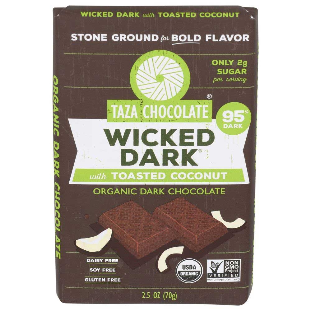 Taza Organic Wicked Dark with Toasted Coconut Dark Chocolate Bar, 2.5 Ounce -- 10 per case