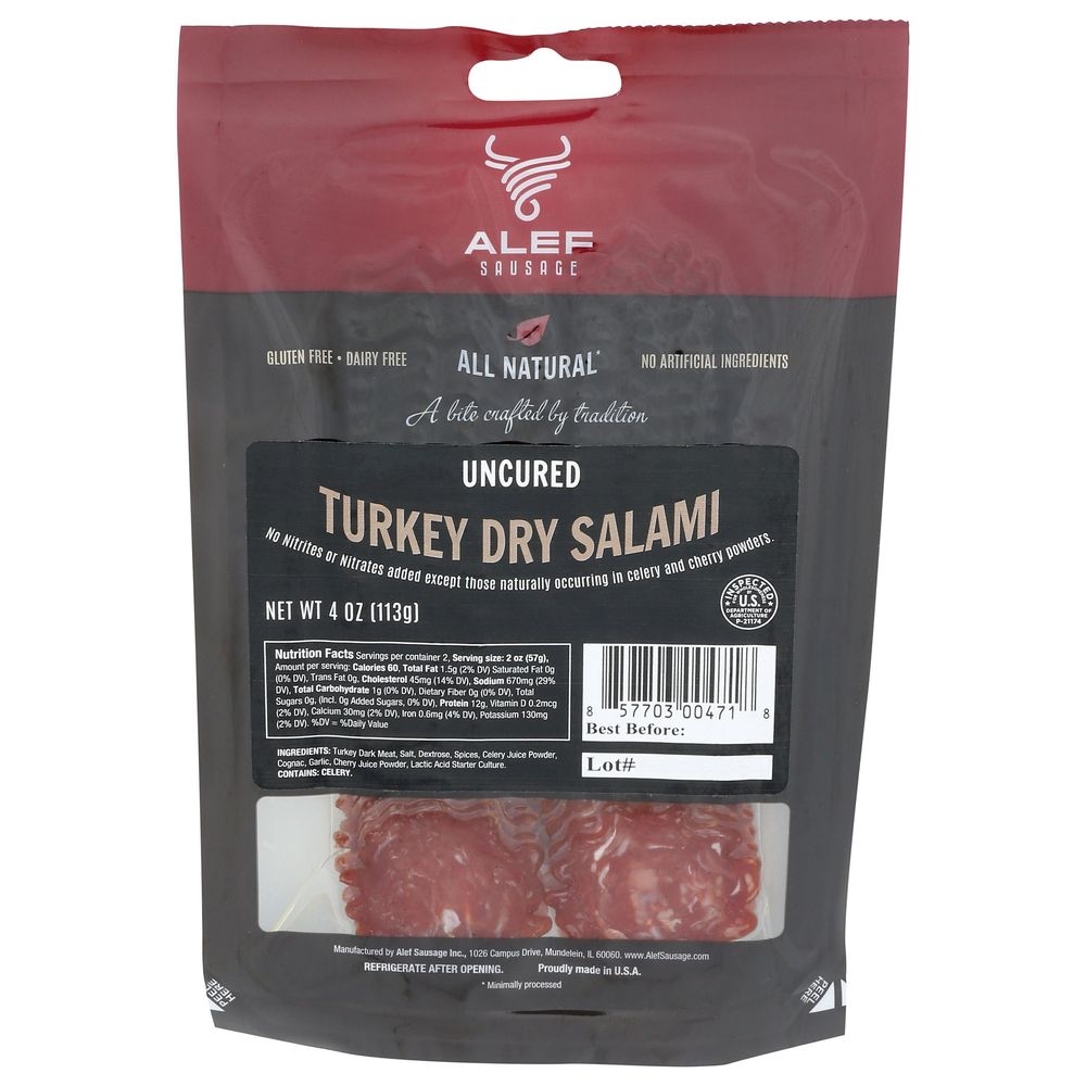 Alef Sausage All Natural Uncured Turkey Dry Salami, 4 Ounce -- 10 per case