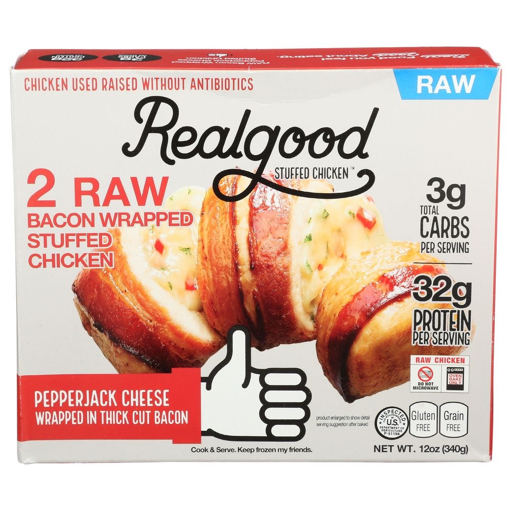 Real Good Foods Raw Bacon Wrapped Stuffed Chicken with Pepper Jack Cheese, 12 Ounce -- 8 per case