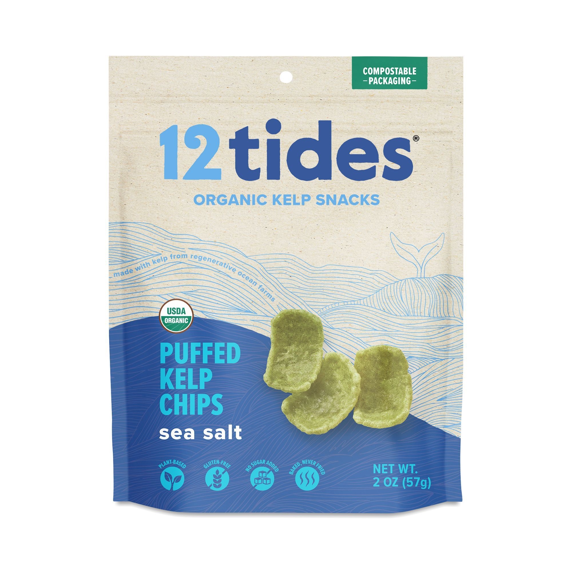 12 Tides Organic Sea Salt Puffed Kelp Chips, 2 Ounce -- 8 per case