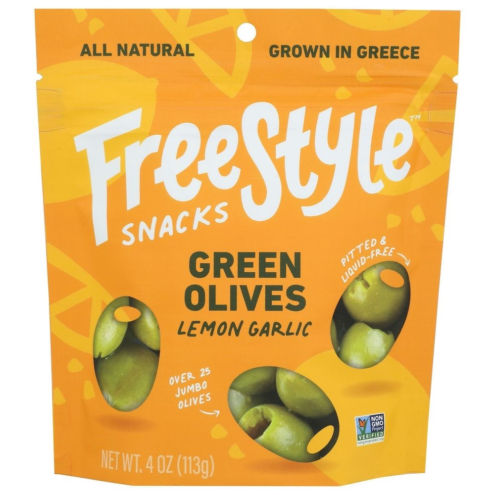 Freestyle Snacks Lemon Garlic Green Olives, 4 Ounce -- 6 per case
