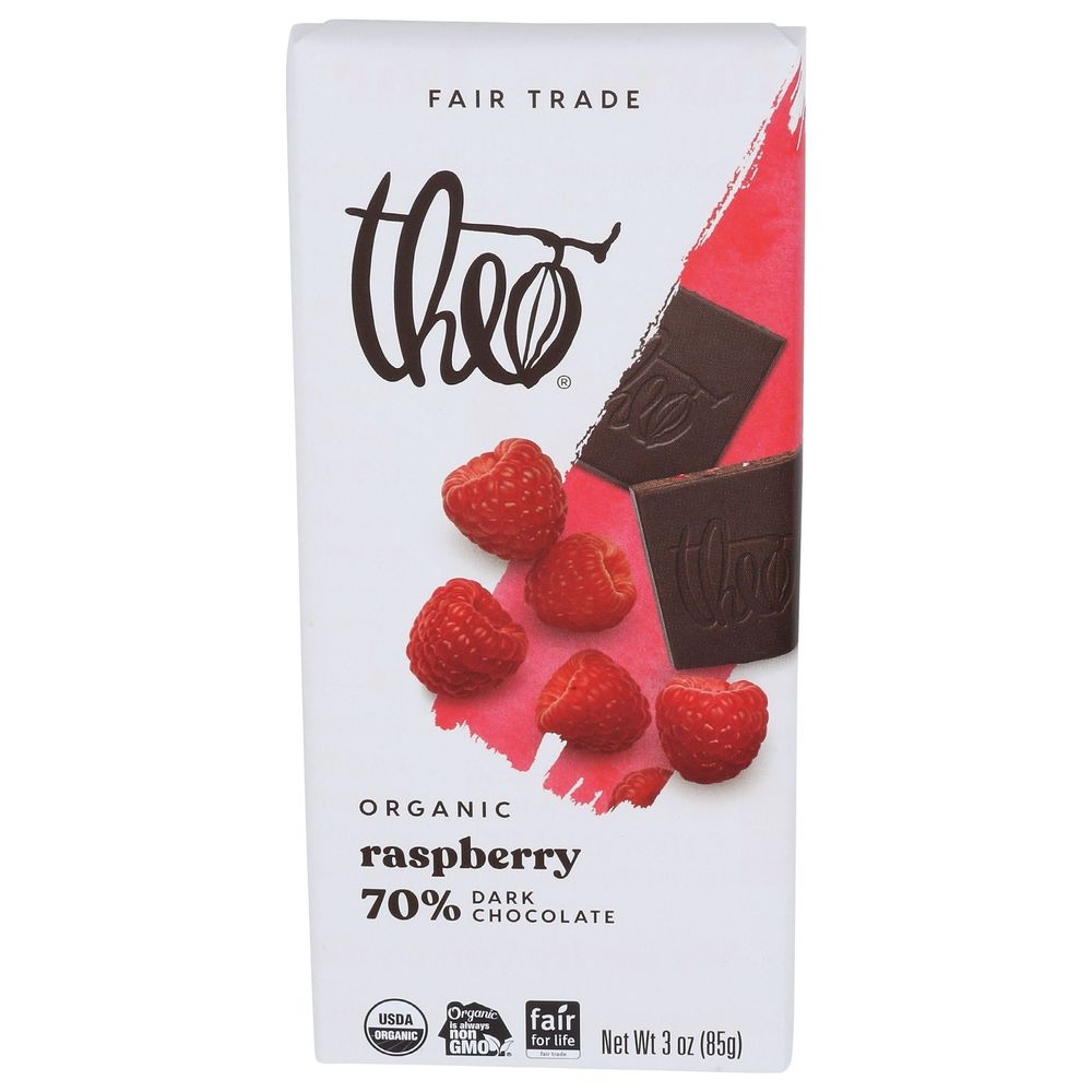 Theo Chocolate Organic Raspberry Dark Chocolate Bar, 3 Ounce -- 12 per case
