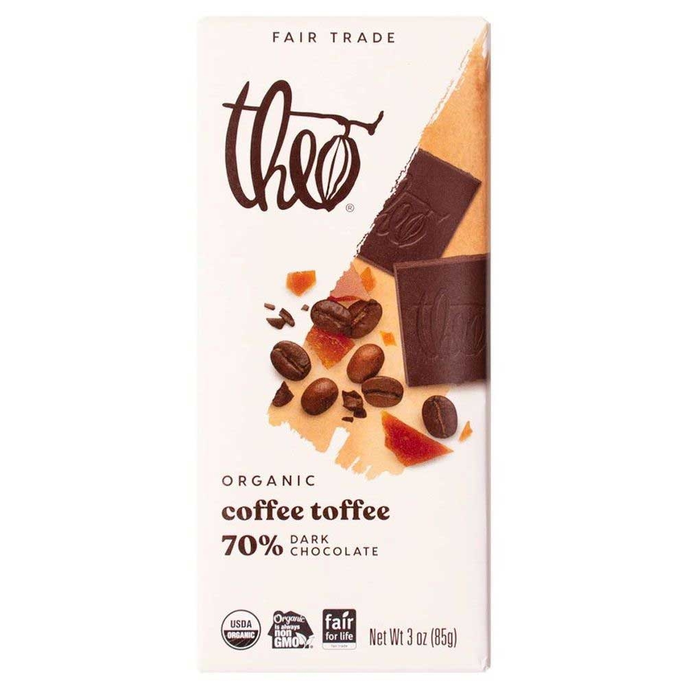 Theo Organic Coffee Toffee 70 Percent Dark Chocolate Bar, 3 Ounce -- 12 per case