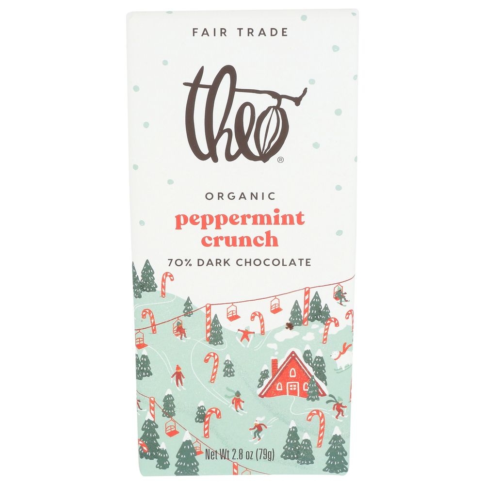 Theo Organic Peppermint Crunch 70 Percent Dark Chocolate Bar, 2.8 Ounce -- 12 per case
