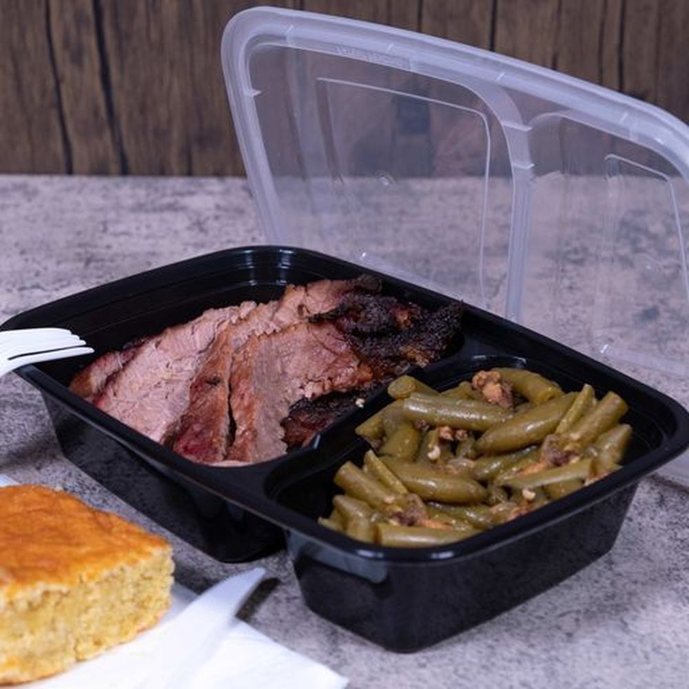 Tripak 2 Compartment Oblong Black Base Clear Lid Microwaveable Container - Combo Pack -- 150 per case.