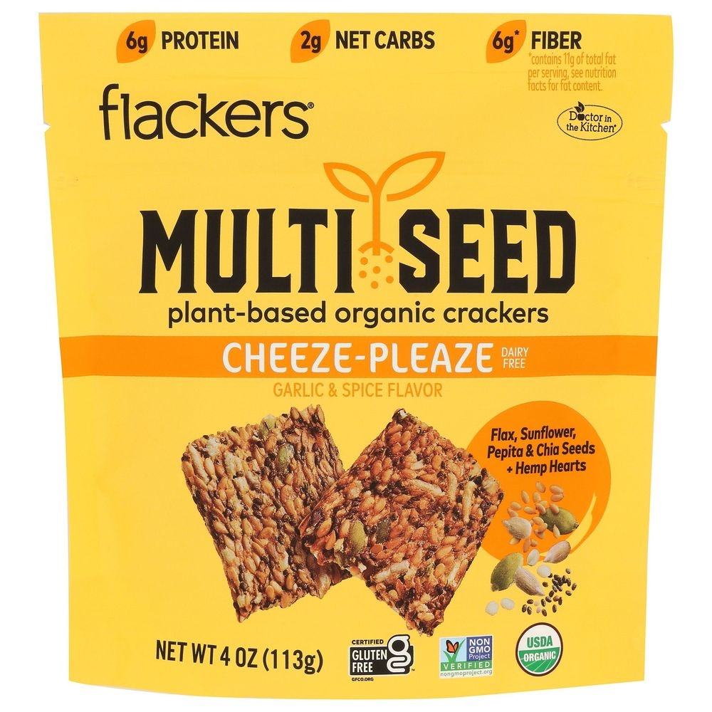Flackers Organic Plant-Based Cheese-Pleaze Multi Seed Cracker, 4 Ounce -- 6 per case