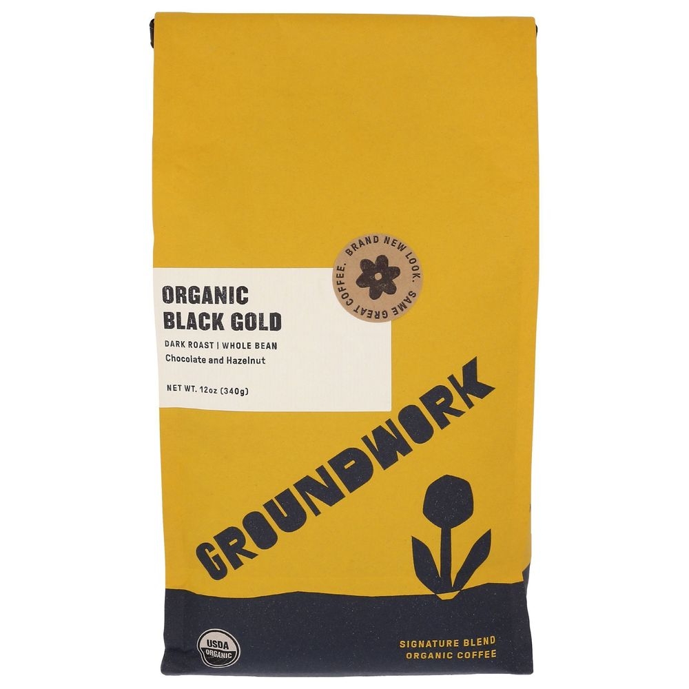 Groundwork Coffee Organic Black Gold Chocolate and Hazelnut Dark Roast Whole Bean Coffee, 12 Ounce -- 6 per case