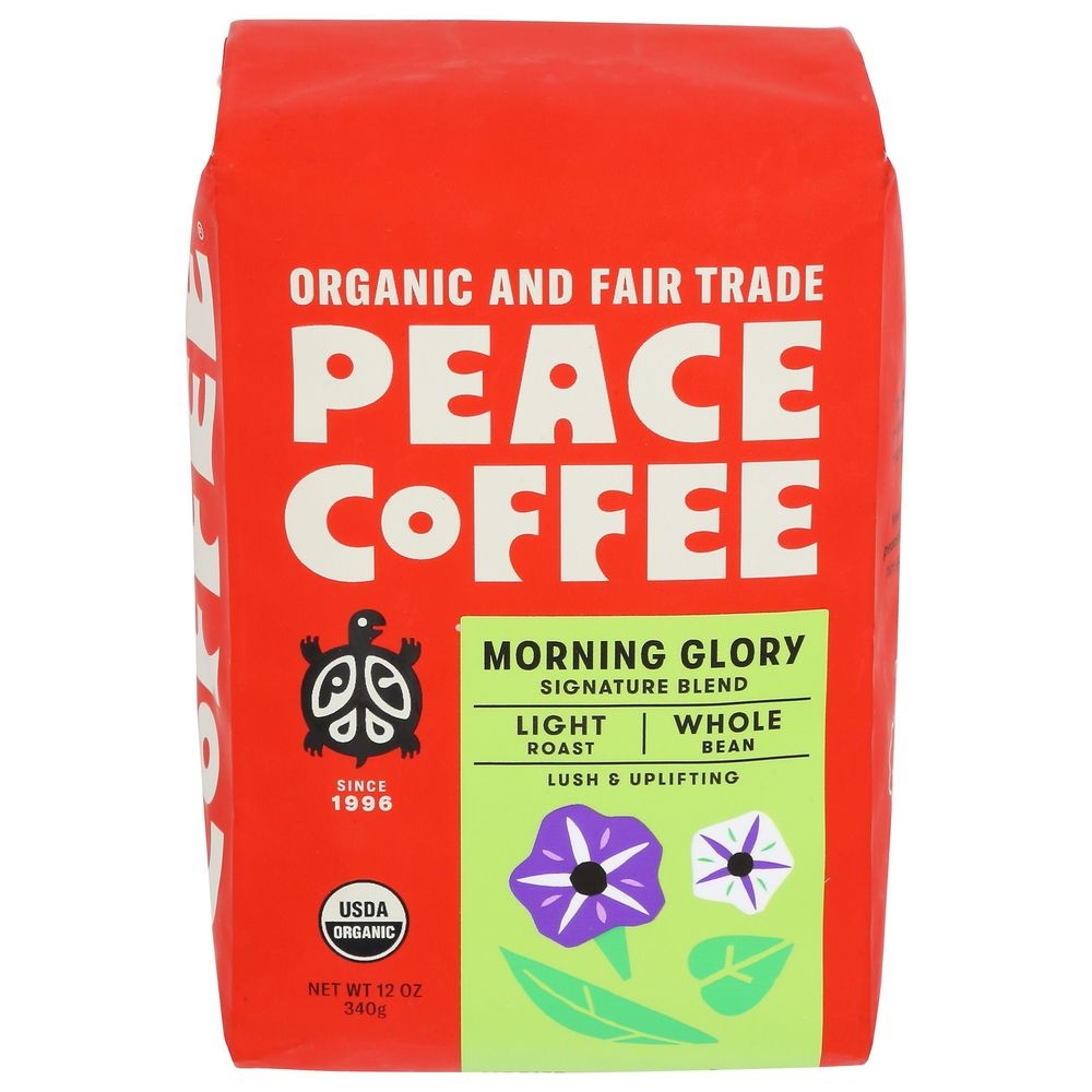 Peace Coffee Organic Fair Trade Morning Glory Light Roast Whole Bean Coffee, 12 Ounce -- 6 per case