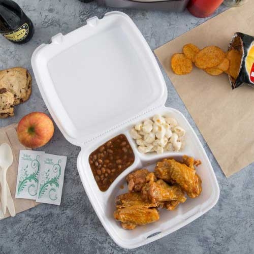 Grupo Industrial Reyma Square Large Expanded Polystyrene Foam 3 Compartment White Foam Hinged Container, 9 x 9 inch -- 200 per case