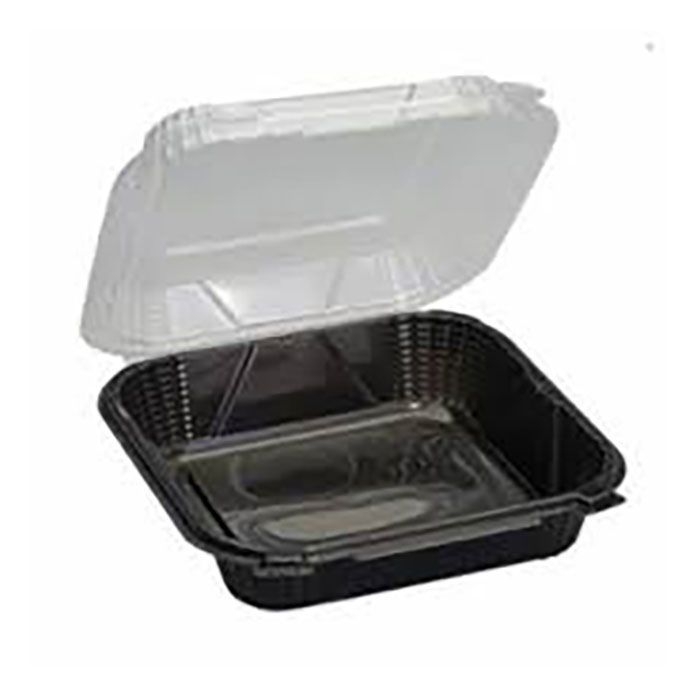 EcoSystems Black Base Polypropylene Hinged Container with Clear Lid, 9.25 x 9 x 3 inch -- 150 per case.