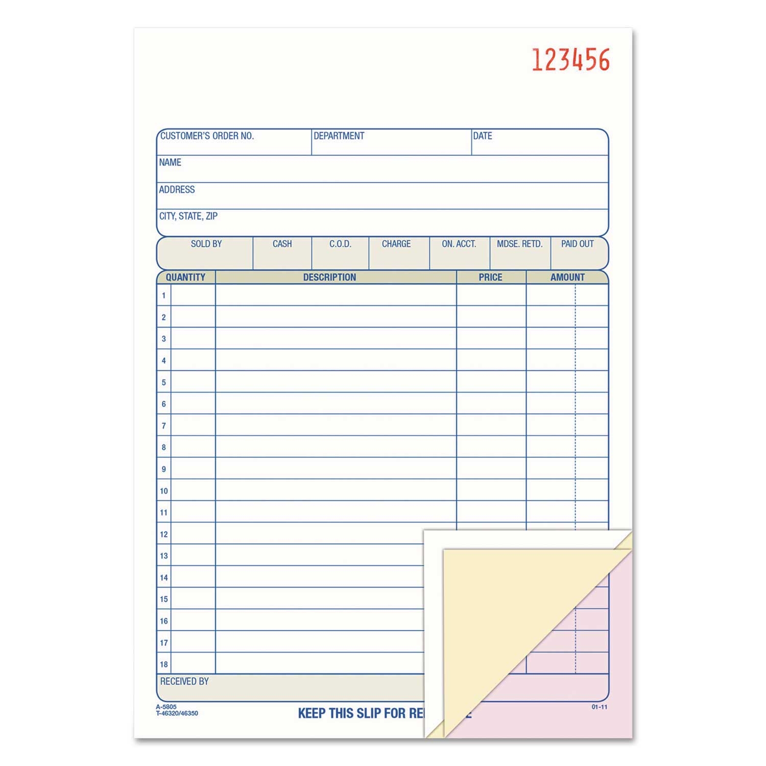 Adams 2 Part Carbonless White Bound Sales Order Book, 5 9/16 x 8 7/16 inch - 50 sets per book