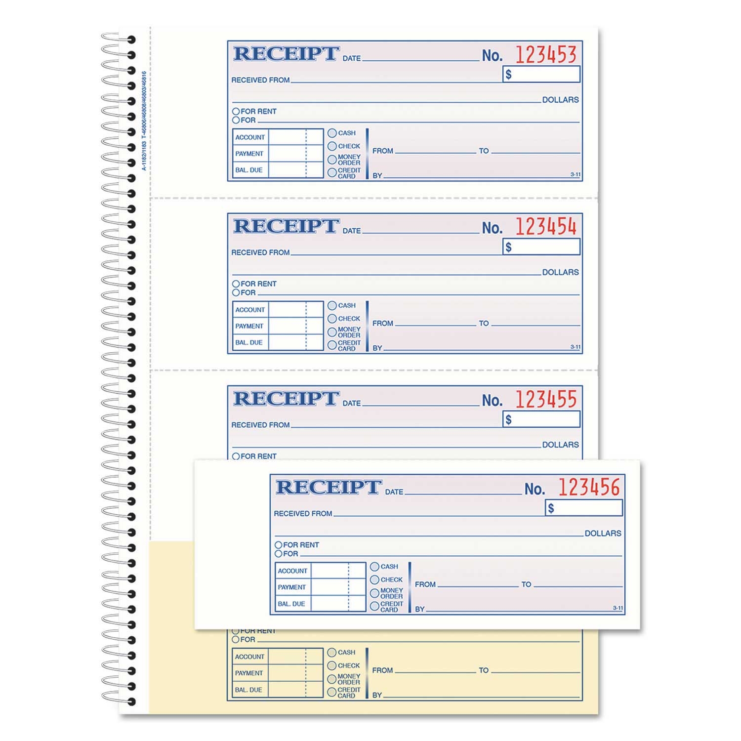 Adams 2 Part Carbonless Spiral Bound Money and Rent White Receipt Book, 7 1/8 x 2 3/4 inch - 200 sets per book