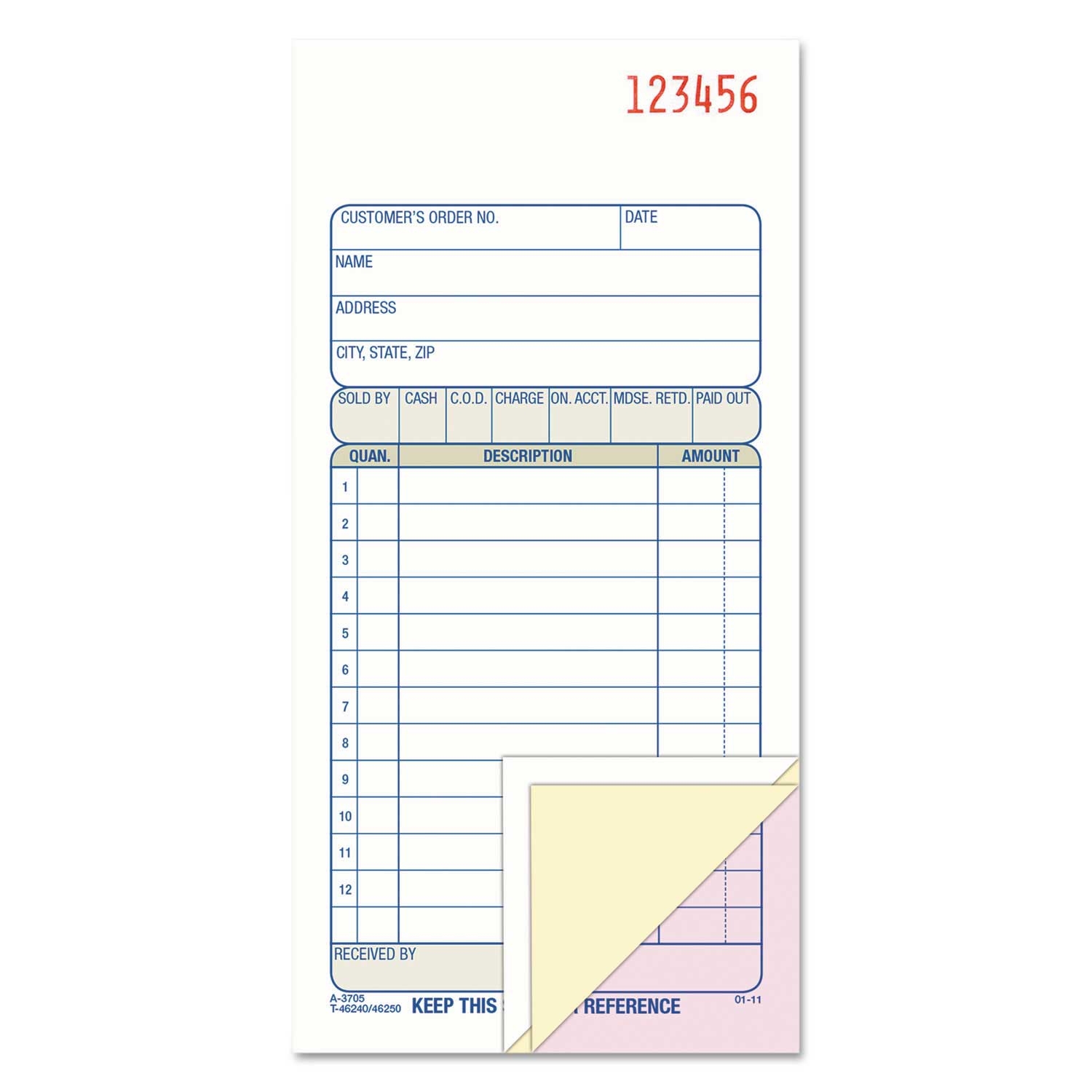 Adams 3 Part Carbonless White Sales Order Book, 3 11/32 x 7 3/16 inch - 50 sets per book