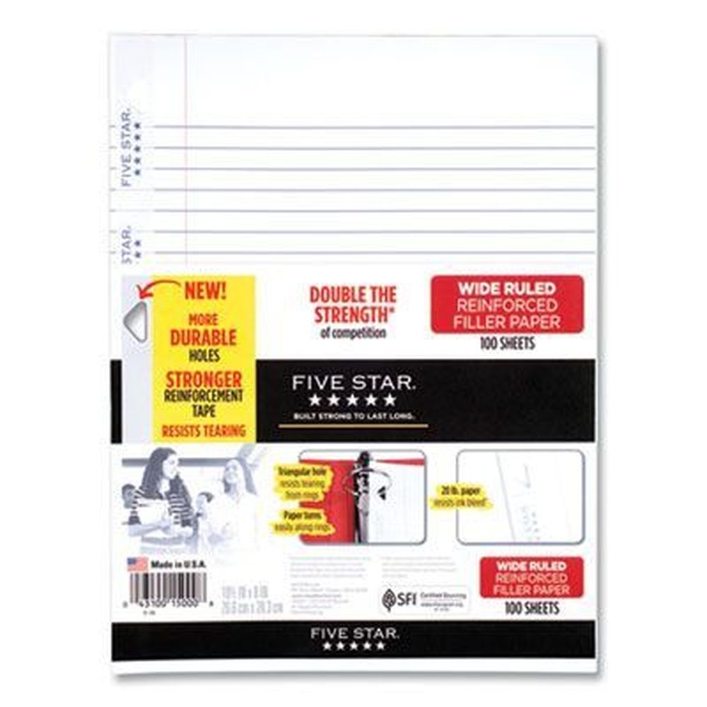 Five Star Wide/Legal Rule 3-Hole Reinforced Filler Paper, 8 x 10.5 inch -- 100 per pack