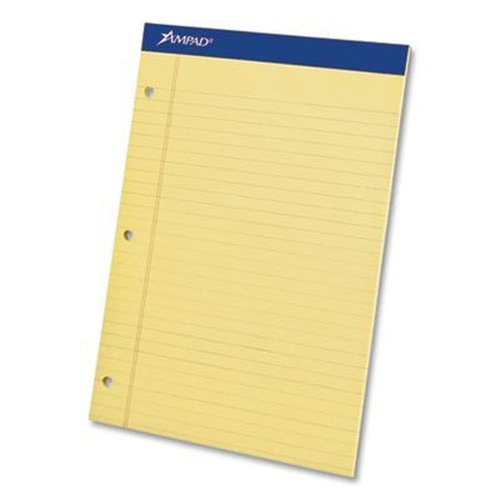 Ampad Wide/Legal Rule 50 Canary-Yellow 8.5 x 11.75 Sheets Perforated Writing Pad with Side 3 Hole Punch -- 12 per case