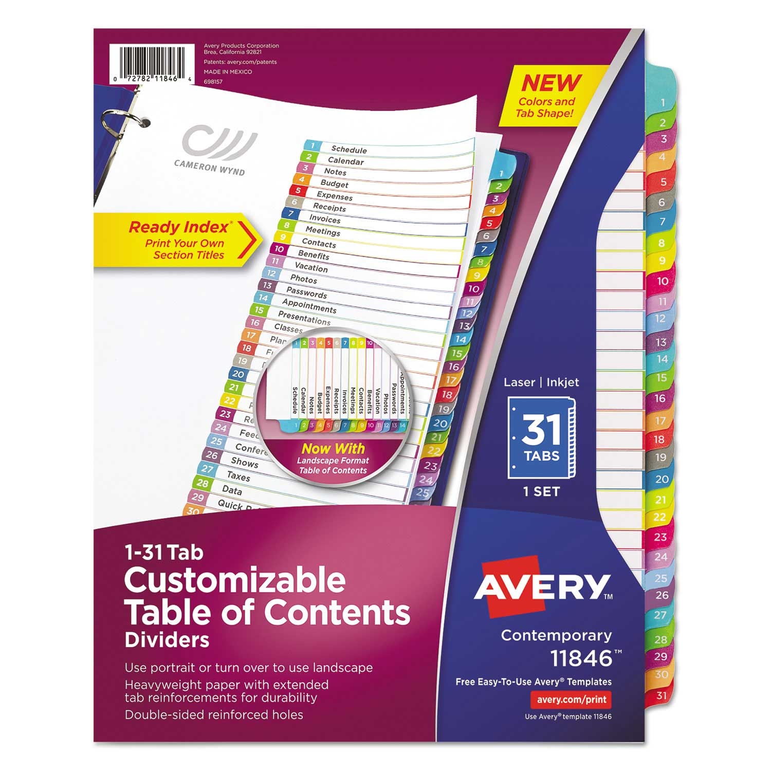 Avery Ready Index 31 Tab Binder Dividers with Customizable Table of Contents and Contemporary Multicolor Tabs, 8-1/2 inch x 11 inch -- 1 set