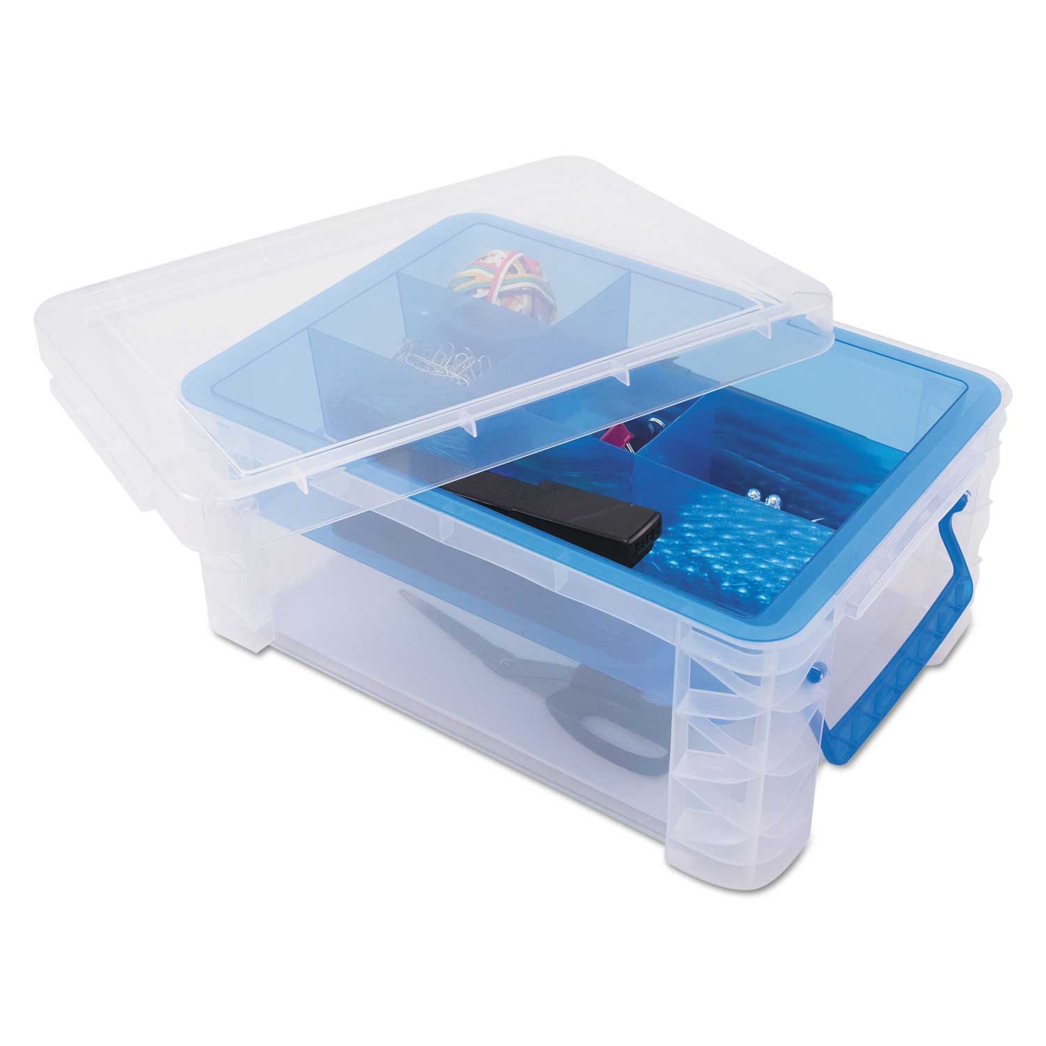 Advantus Clear with Blue Super Stacker Divided Storage Box, 10.3 x 14.25 x 6.5 inch