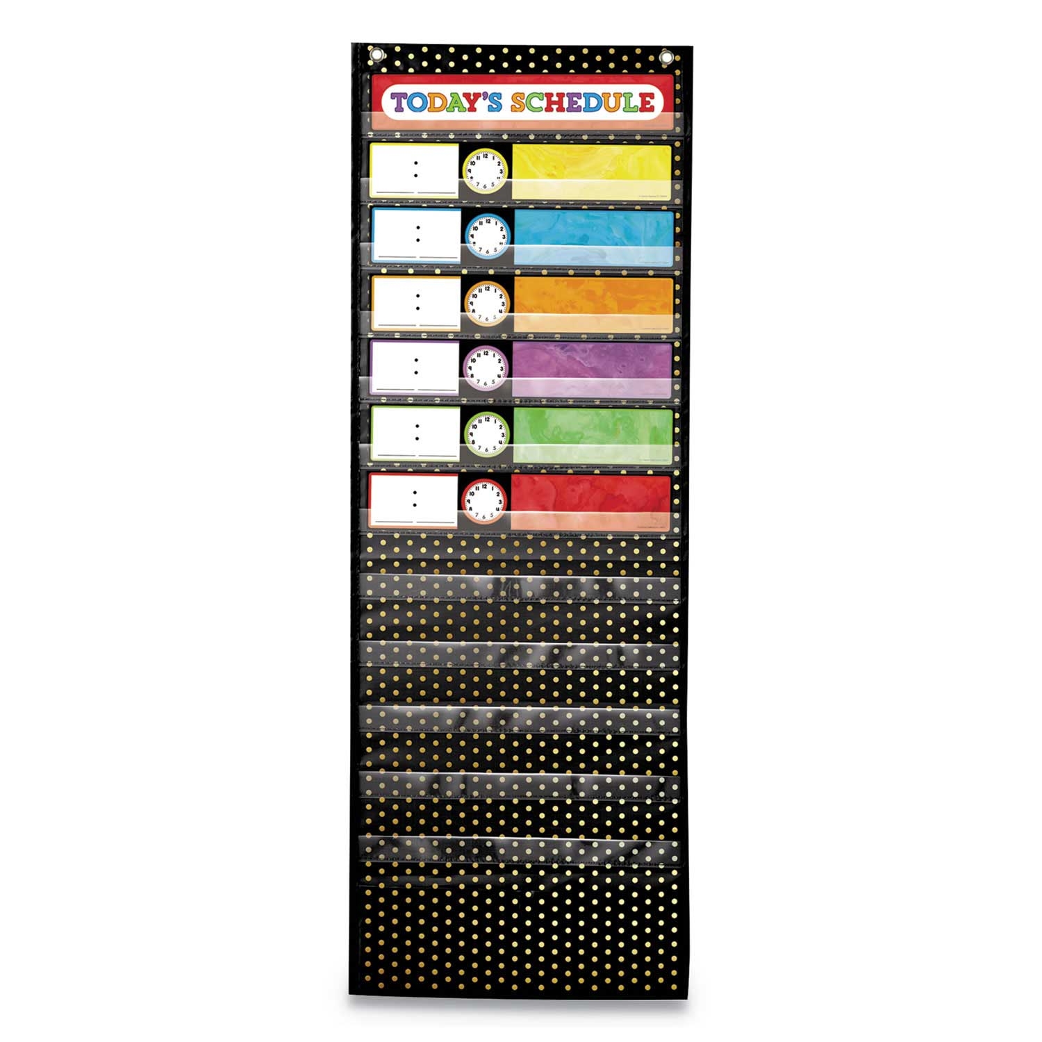 Carson Dellosa Education Black Deluxe Scheduling Gold Polka Dot Pocket Chart, 13 x 36 inch