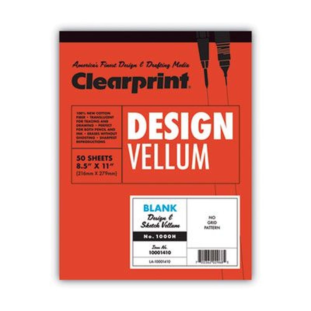 Clearprint Translucent White 8.5 x 11 inch Design Vellum Paper, 16 Pound Bristol Weight -- 50 per pad
