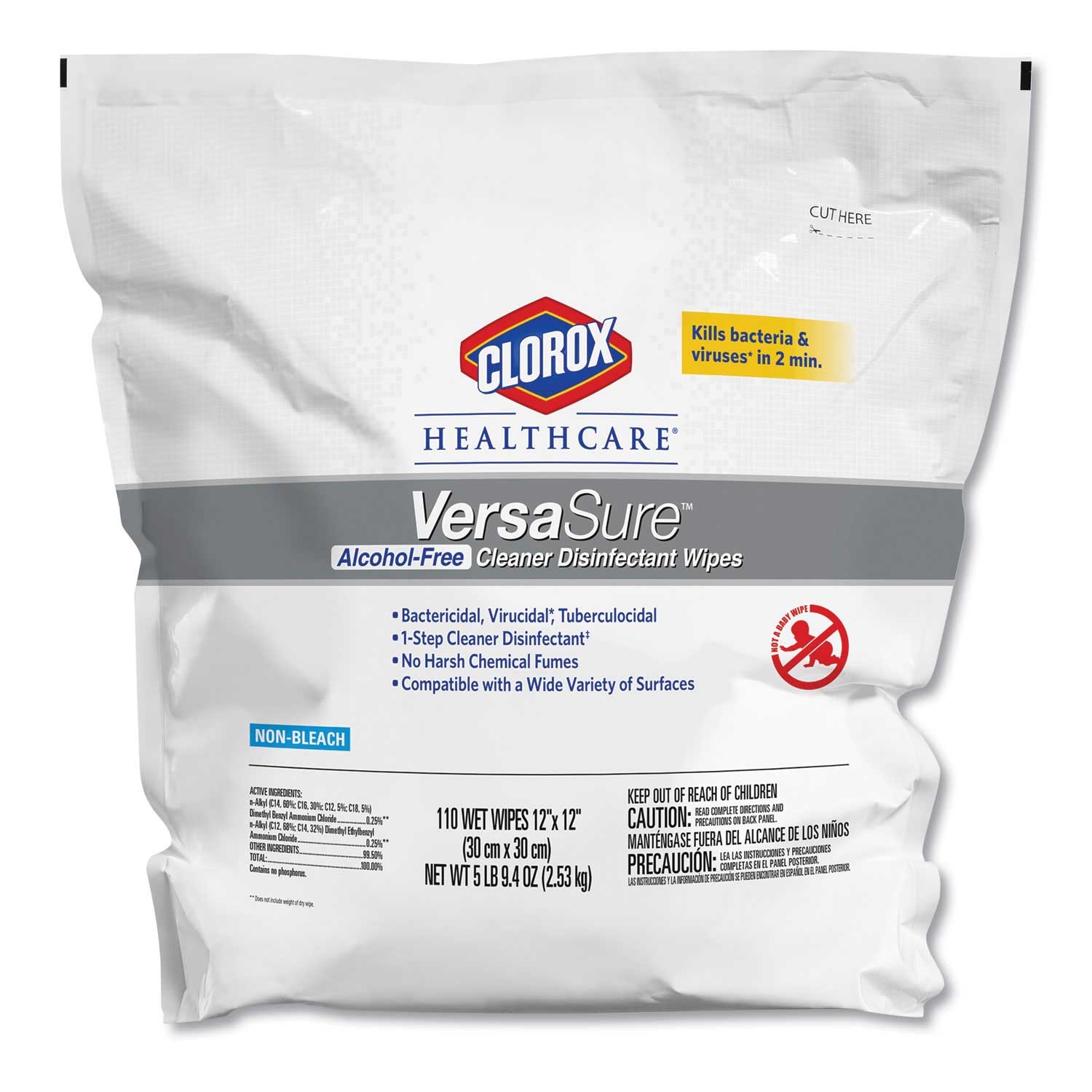 Clorox Healthcare White 1 Ply Versasure Cleaner Disinfectant Wipes, 12 x 12 inch - 110 per pouch