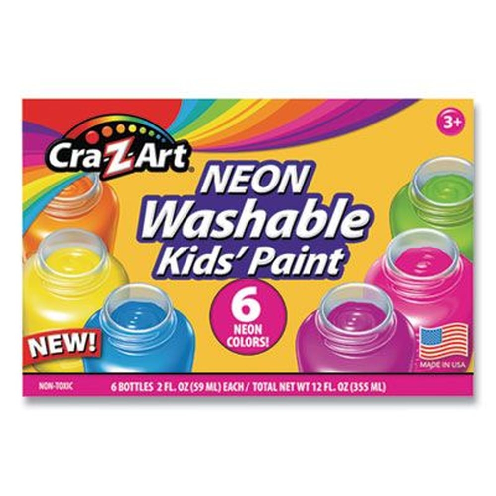 Cra-Z-Art Assorted Neon Colors Washable Kids Paint, 2 Ounce Bottle -- 6 per pack