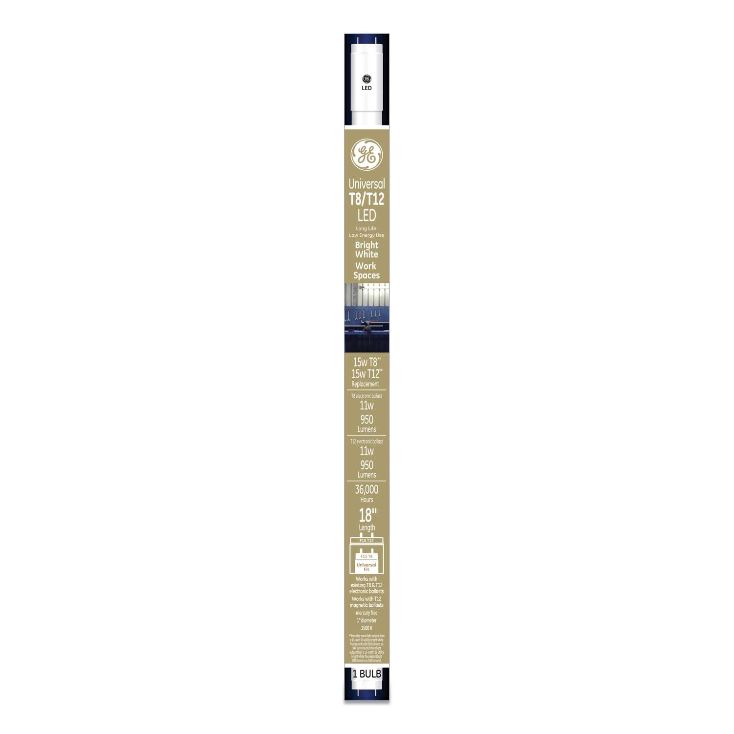 GE 15 Watts Bright White T8 LED Tube, 18 inch -- 6 per case