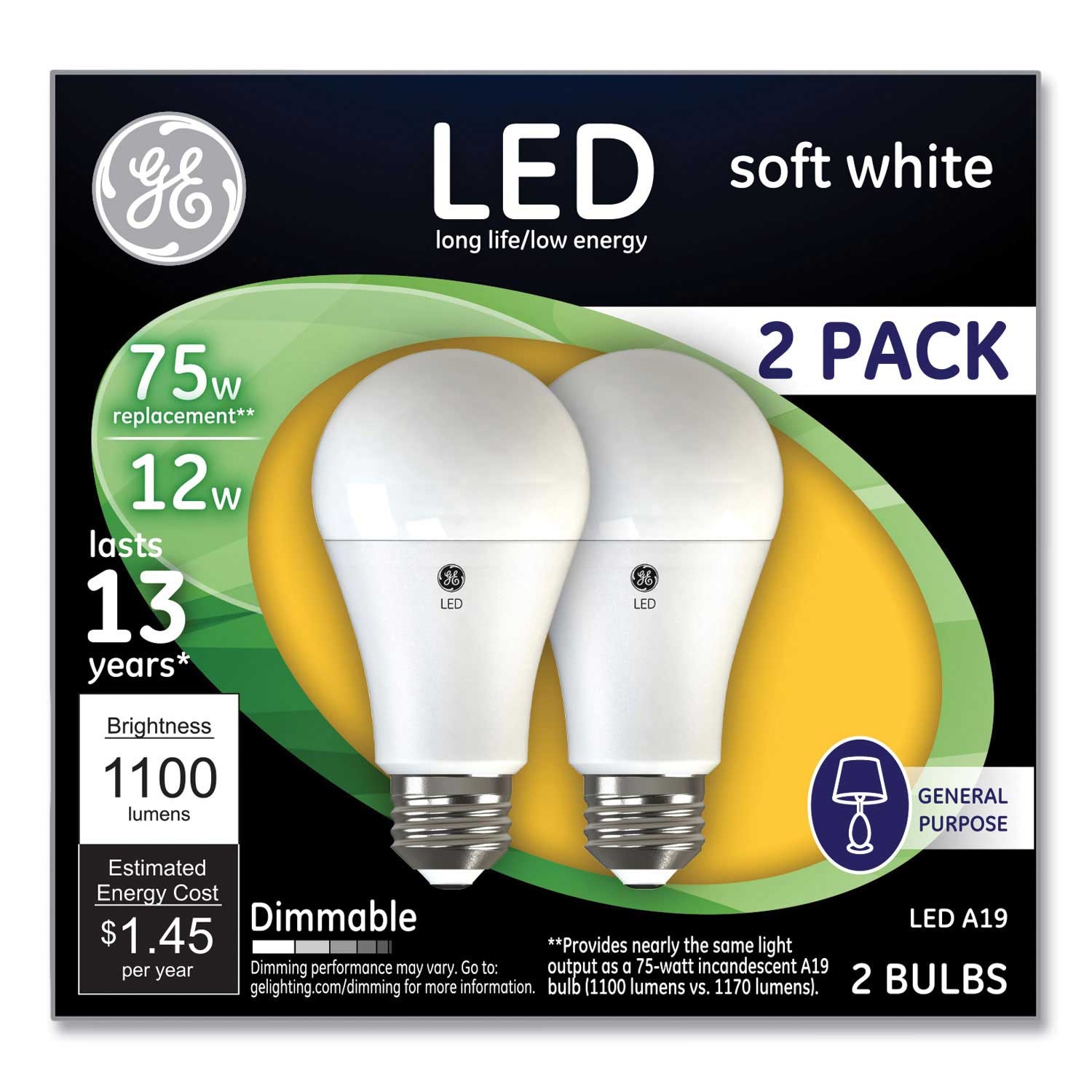 GE A19 Soft White LED Bulb, 12 Watts - 2 count per pack -- 1 pack