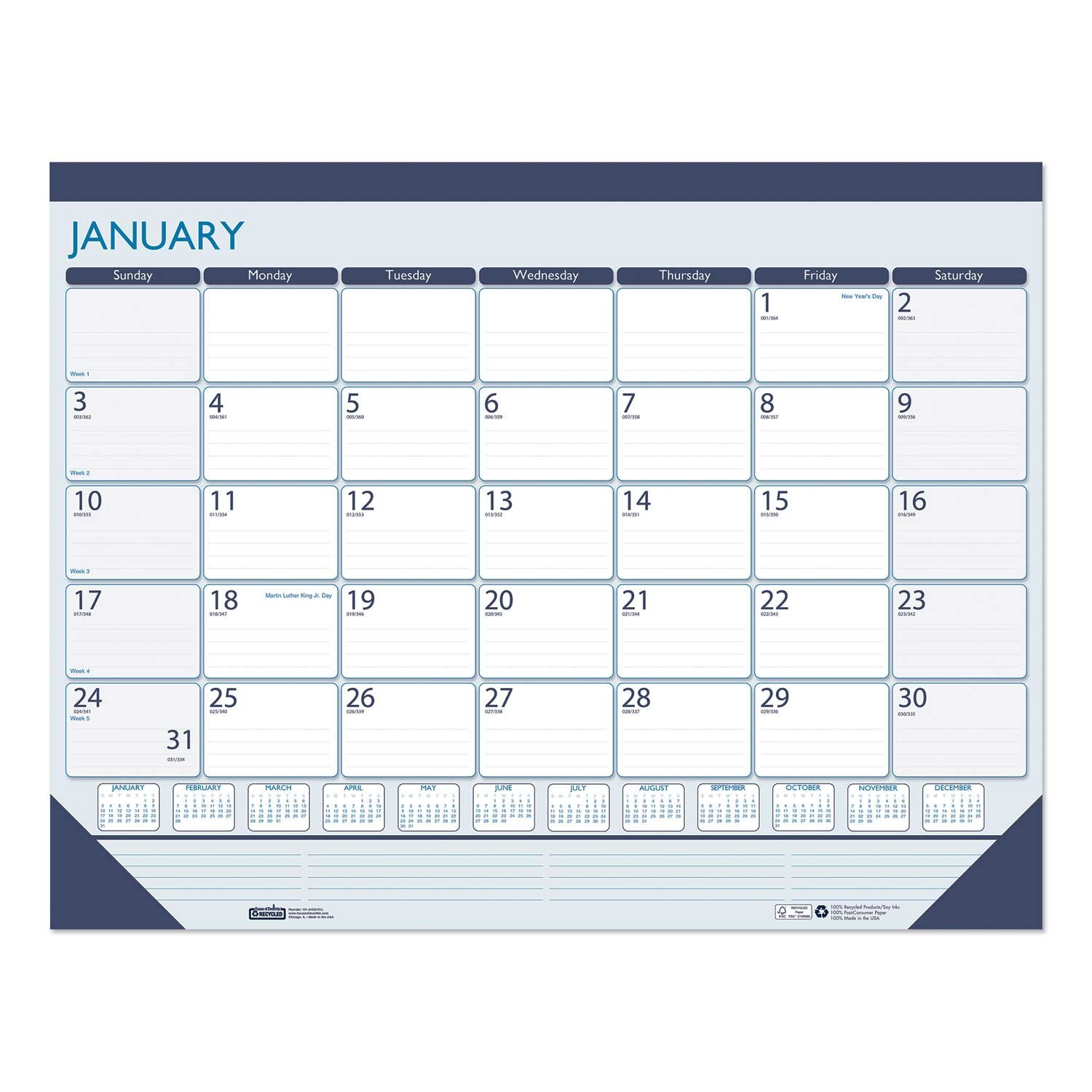 House of Doolittle Blue 100 Percent Recycled Contempo Desk Pad Calendar, 22 x 17 inch