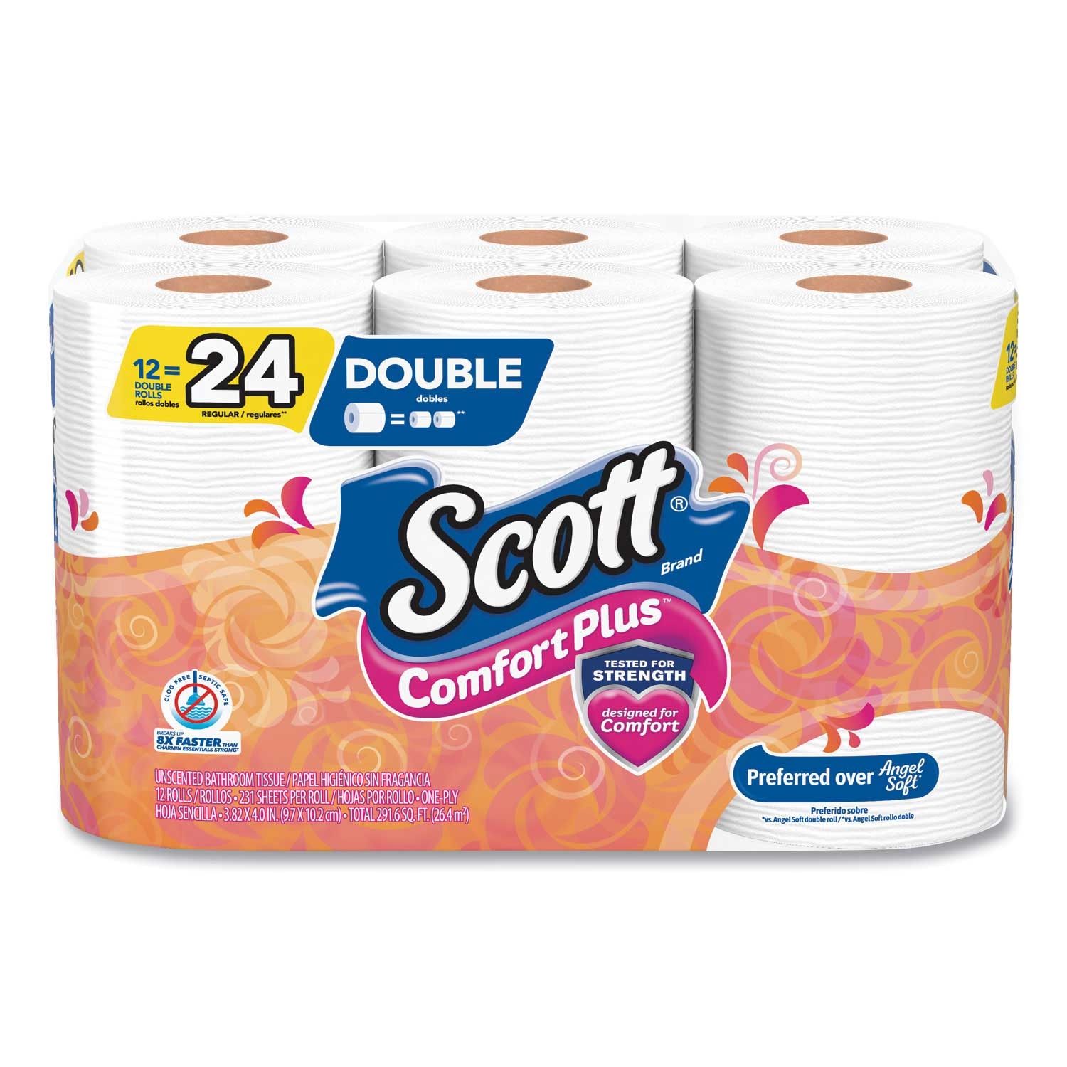 Scott ComfortPlus Double Roll White Toilet Paper, 231 sheets per roll, 12 rolls per pack -- 4 packs per case