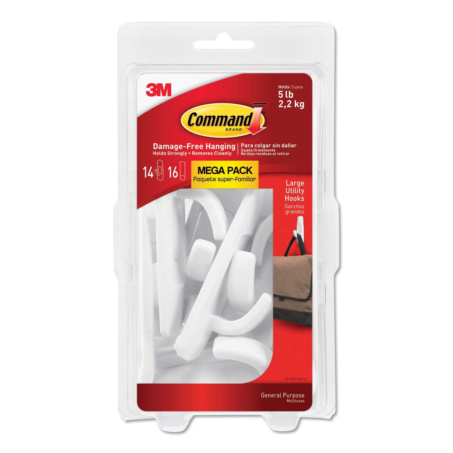 Command White Large Plastic Utility Hooks, 5 Pound Capacity - 14 Hooks and 16 Strips per pack -- 1 pack per case