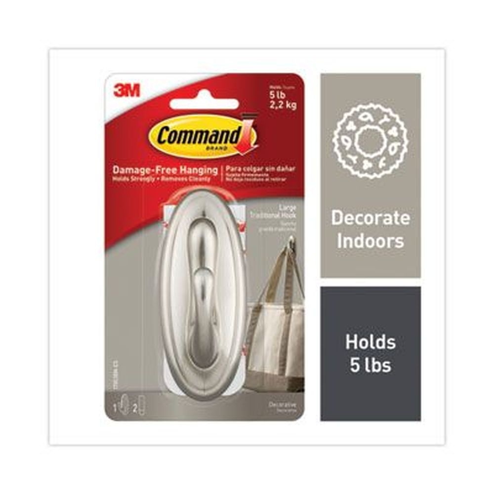 Command Silver Large Plastic Traditional Decorative Hooks, 5 Pound Capacity - 1 Hook and 2 Strips per pack