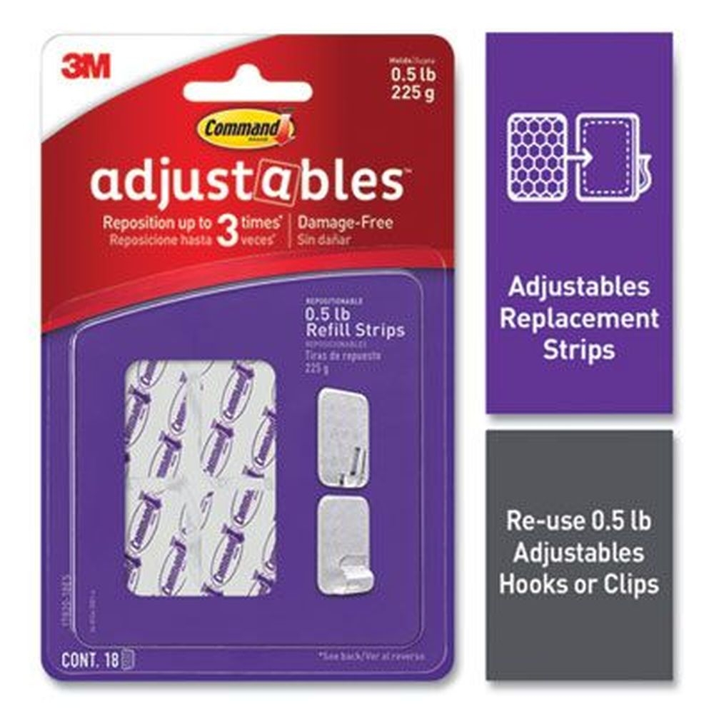 Command White Adjustables Repositionable Mini Refill Strips, Holds Up To 0.5 Pound -- 18 per pack