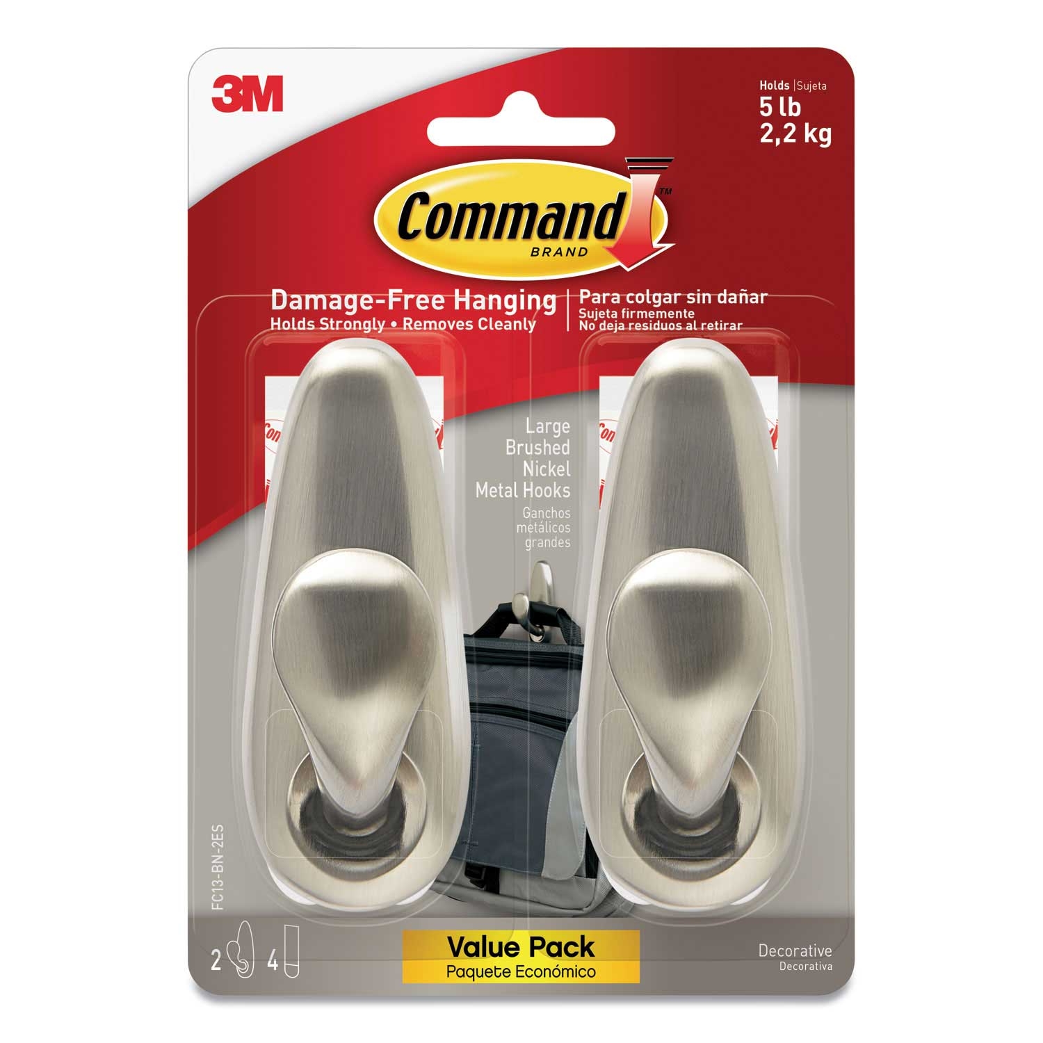 Command Large Brushed Nickel Finish Adhesive Mount Metal Hook -- 1 pack