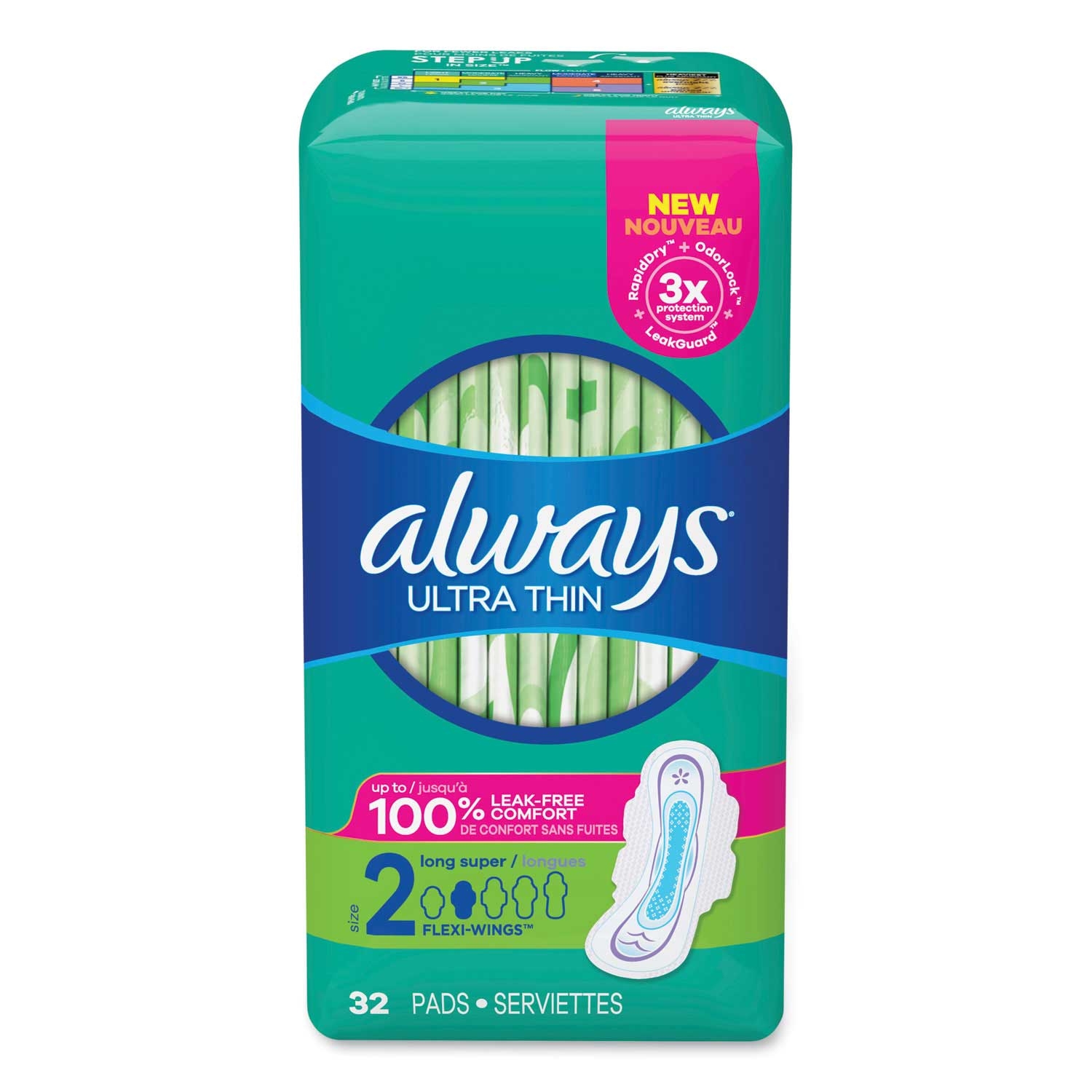 Always Super Absorbent Size 2 Long Ultra Thin Pad with Wing - 32 per pack -- 3 packs per case