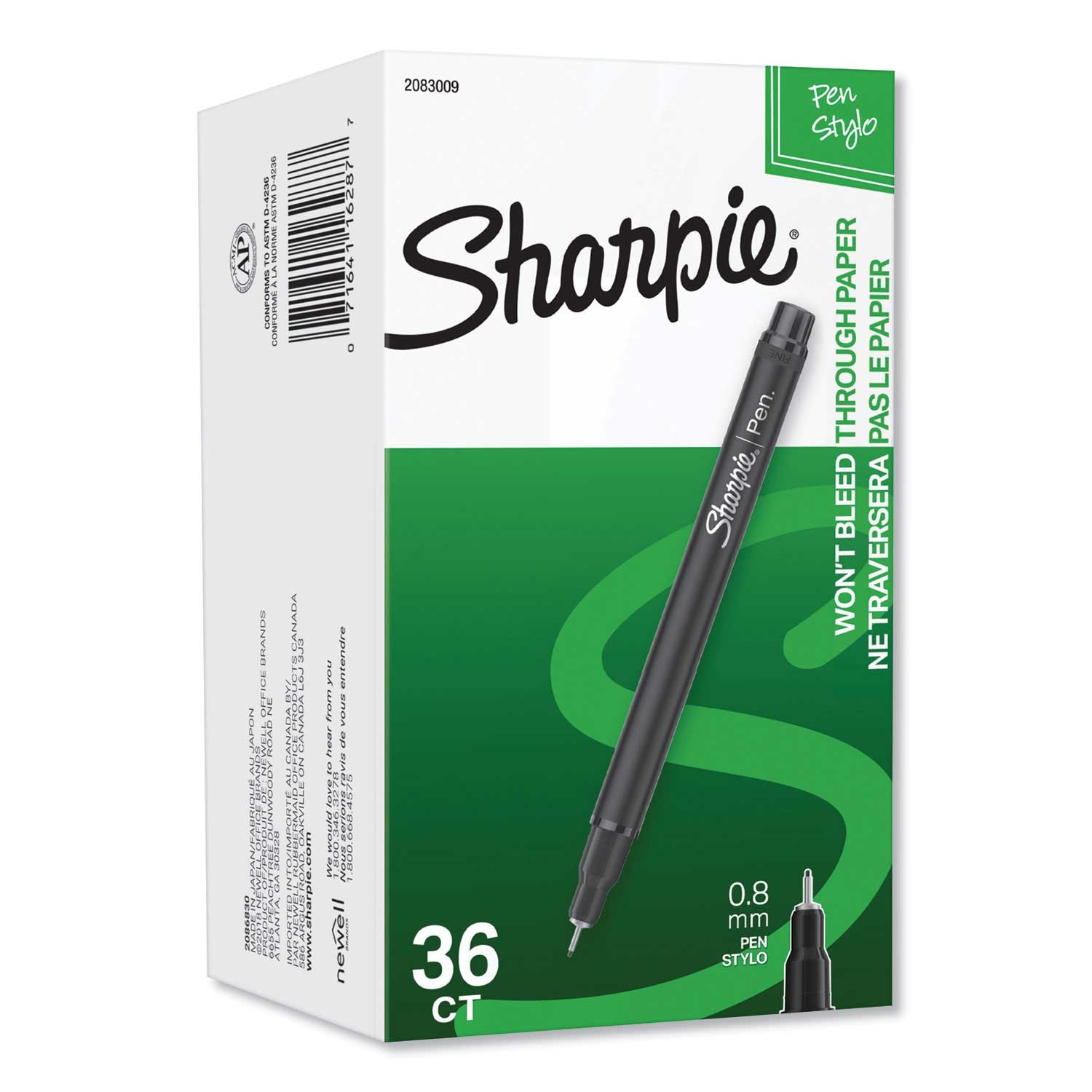 Sharpie Water-Resistant Ink 0.8 mm Black Ink/Barrel Stick Plastic Point Pen - 36 count per pack -- 1 pack per case