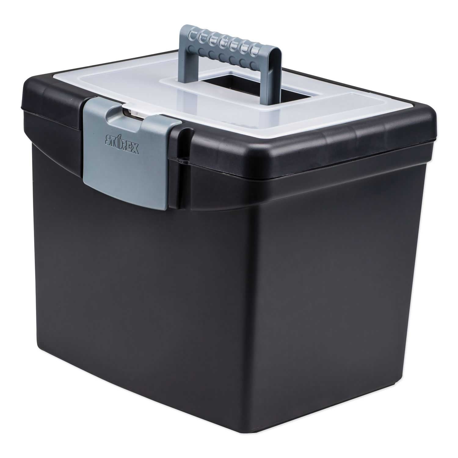 Storex Black Portable Letter Files Box with Large Organizer Lid, 13.25 x 10.88 x 11 inch