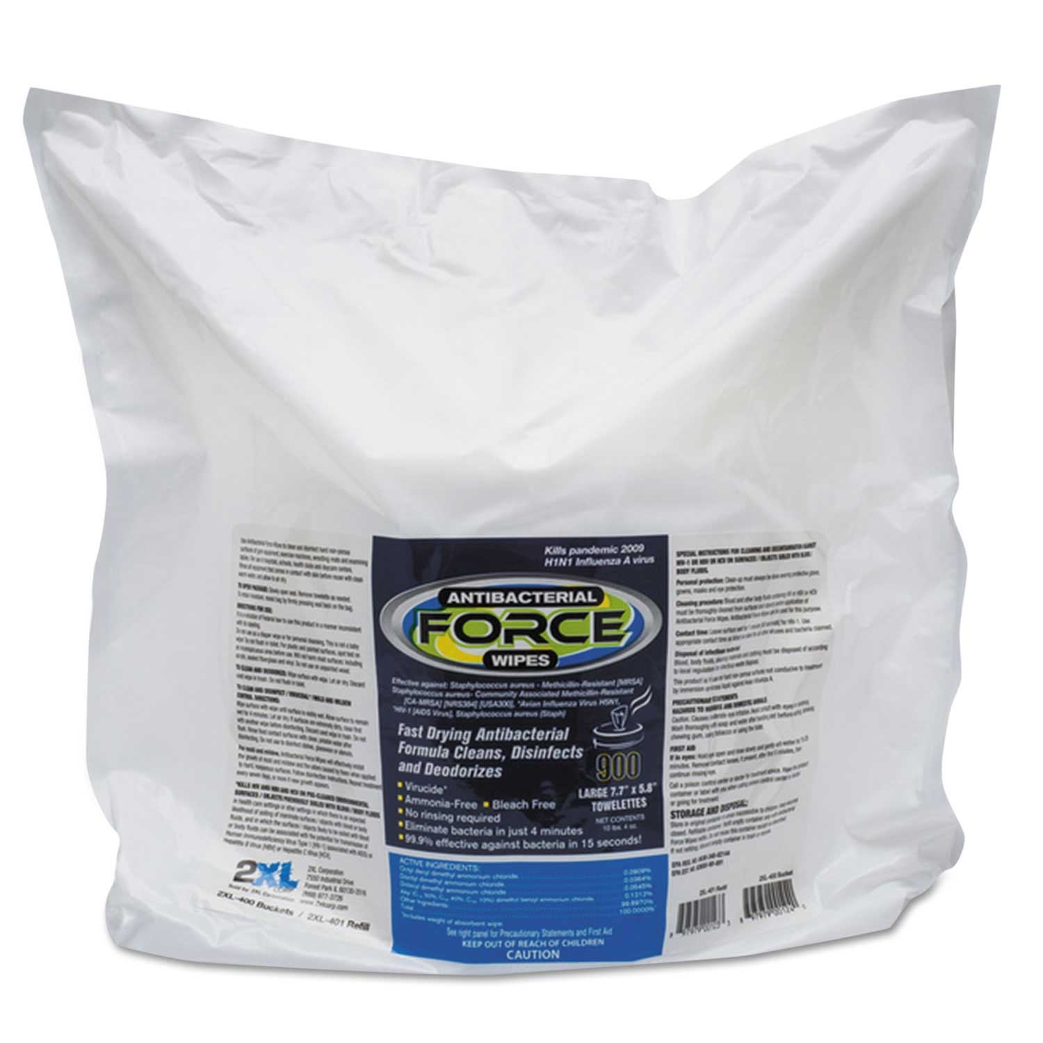 2XL White Force Disinfectant Wipes Refill, 8 x 6 inch - 900 per pack -- 4 packs per case