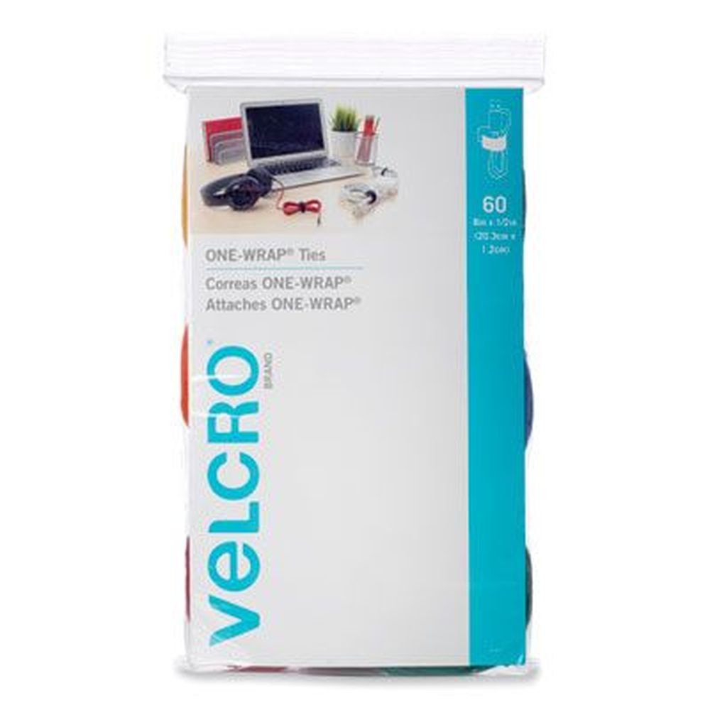 Velcro One Wrap Assorted Colors Cable Ties and Straps, 0.5 x 8 inch -- 60 per pack