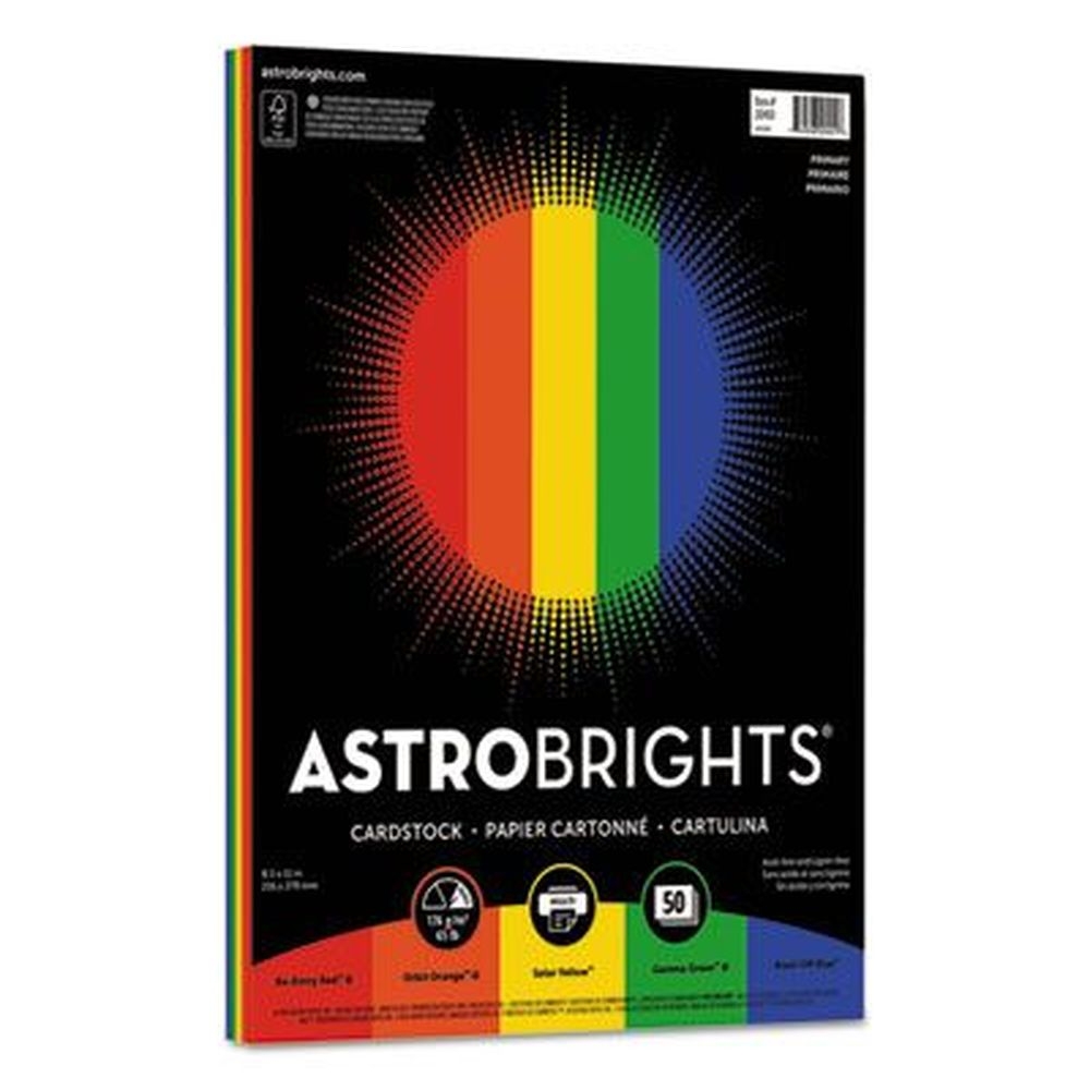 Astrobrights Assorted Primary Color Cardstock, 65 Pound Cover Weight -- 50 per pack