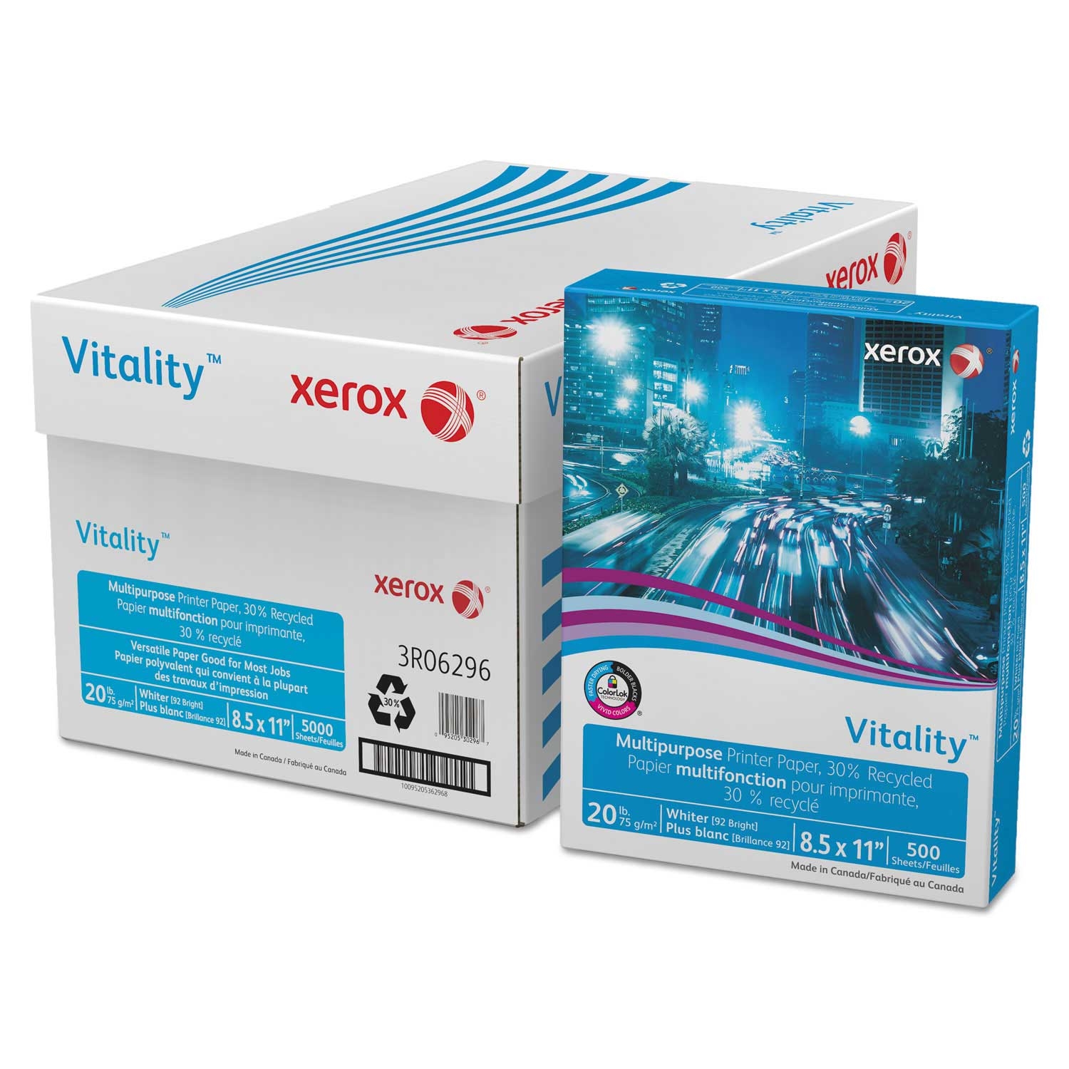 Xerox White 92 Bright Vitality 30 Percent Recycled Multipurpose Paper, 8.5 x 11 inch - 500 count per reem -- 1 reem per case