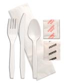 Senate Medium Weight White Polypropylene Knife Fork Spoon Napkin Salt and Pepper Kit -- 250 per case.