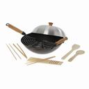 Joyce Chen Professional Series 14 inch Carbon Steel Excalibur Nonstick Flat Bottom Wok Set with Lid and Maple Handles, 10 count