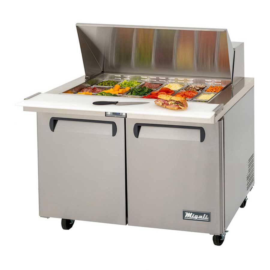 Migali Stainless Steel 2 Door Big Top Sandwich Prep Table With 2 Adjustable Shelves, 48.2 Inch Width X 30 Inch Depth X 46.6 Inch Height