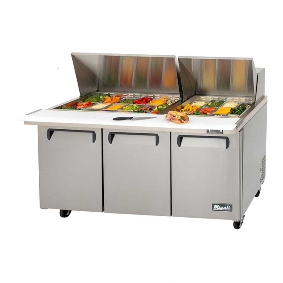 Migali Stainless Steel 3 Door Big Top Sandwich Prep Table With 3 Adjustable Shelves, 72.7 Inch Width X 30 Inch Depth X 46.6 Inch Height