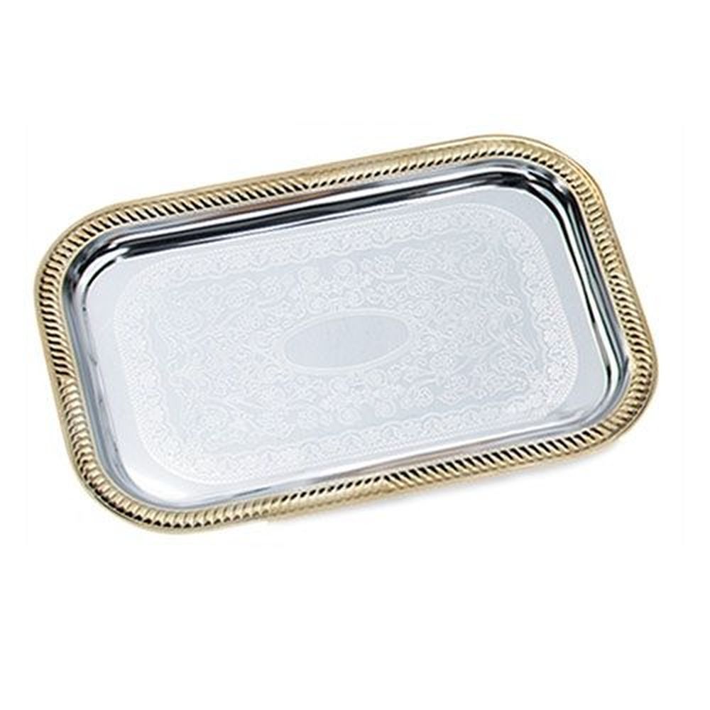 Vollrath 47266 Odyssey Chrome Plated Rectangular Serving Tray With Gold Trim, 19 1/2 X 14 Inch