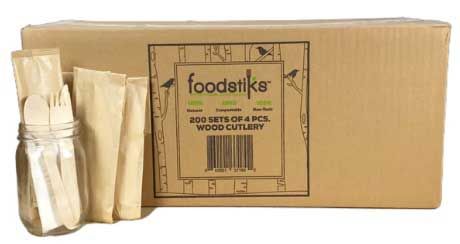 Foodstiks Compostable 4 Piece Wook Cutlery Set -- 1200 Per Case