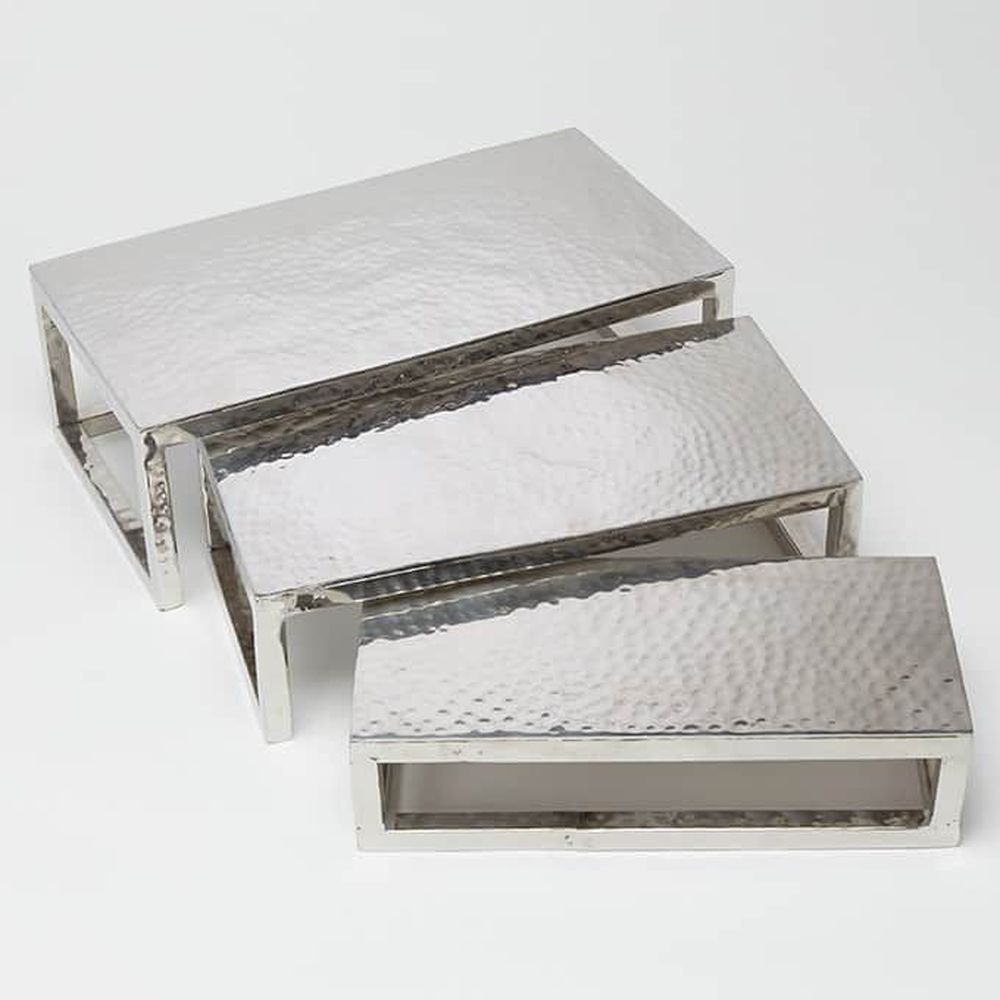 American Metalcraft Hammered Stainless Steel Frame Rectangular Riser Set With Solid Top, Set Of 3