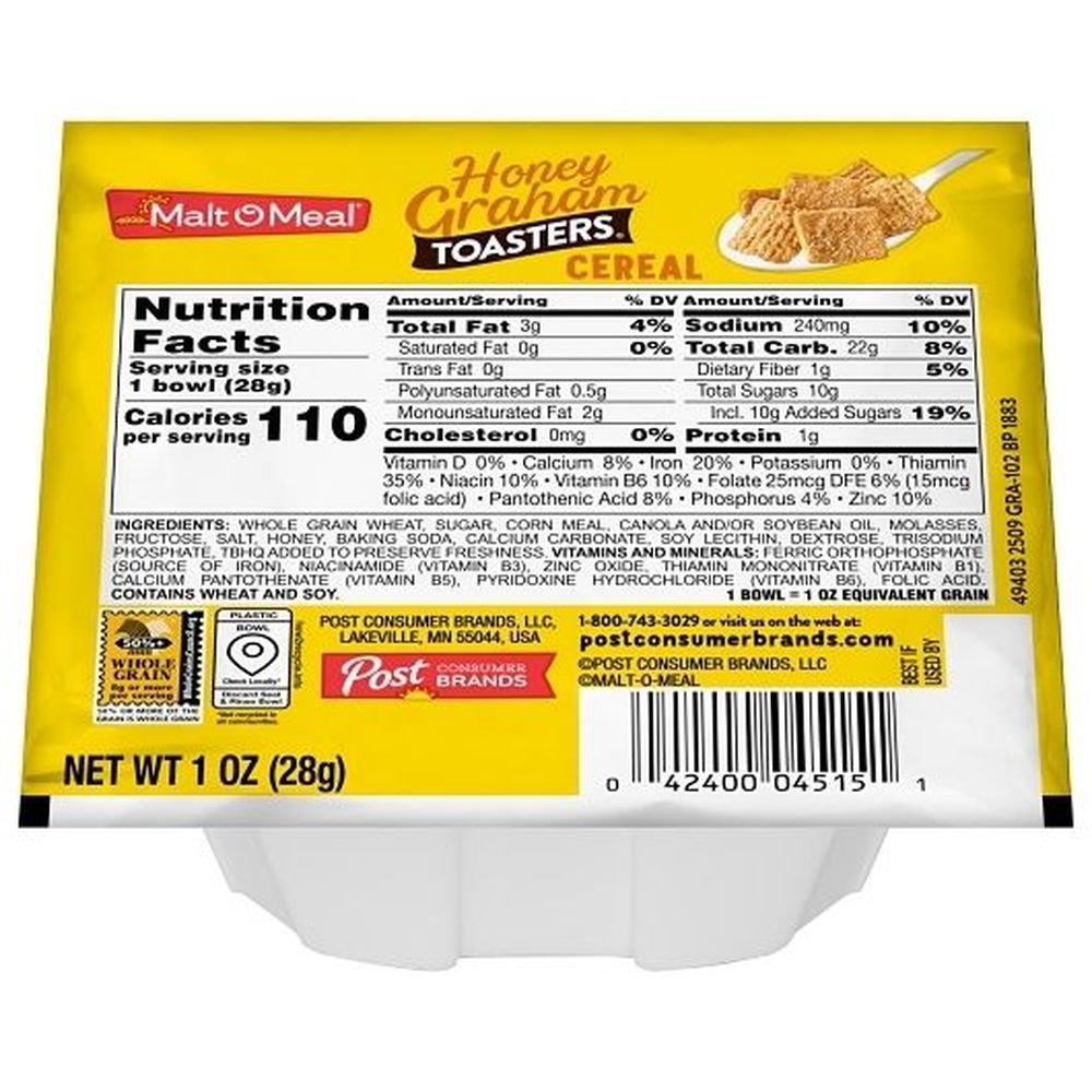 Malt-o-meal Single Serve Honey Graham Crunch Bowl Pack Cereal, 1 Ounce -- 96 Per Case