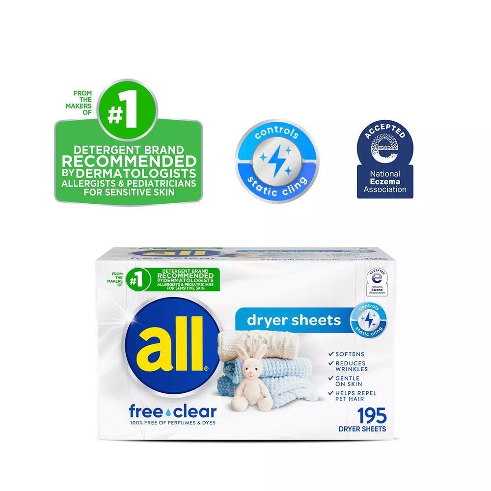 All Laundry Detergent Free Clear Dryer Sheets For Sensitive Skin, 195 Count -- 6 Per Case